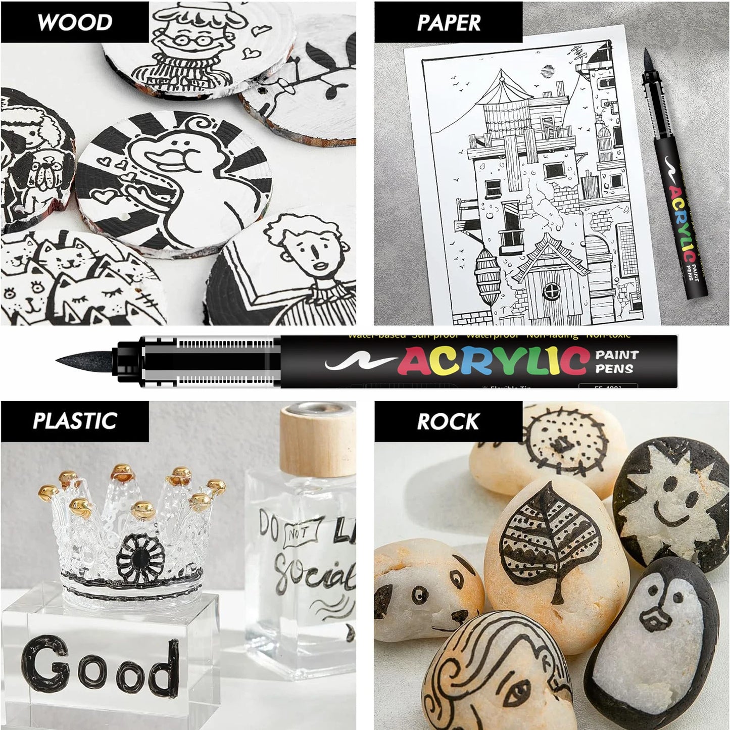 8pcs Black and White Acrylic Paint Markers Set, Large Ink Capacity, Acrylic Markers for Illustration Sketching, Wood, Glass, Fab Beauty World Shop