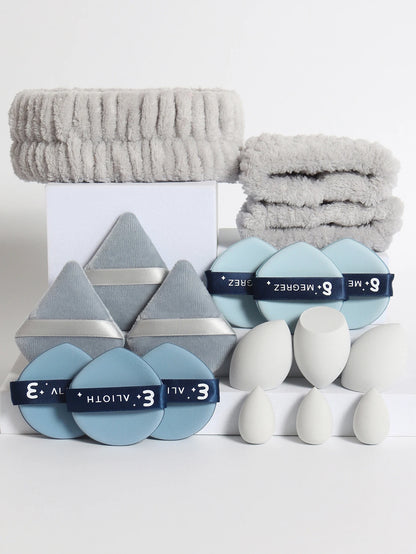 18 piece headband set. 1 hair band & 2 wrist bands & 3 make-up Sponges & 3 Mini Square Air Cushions & 3 triangular powder puff & Beauty World Shop