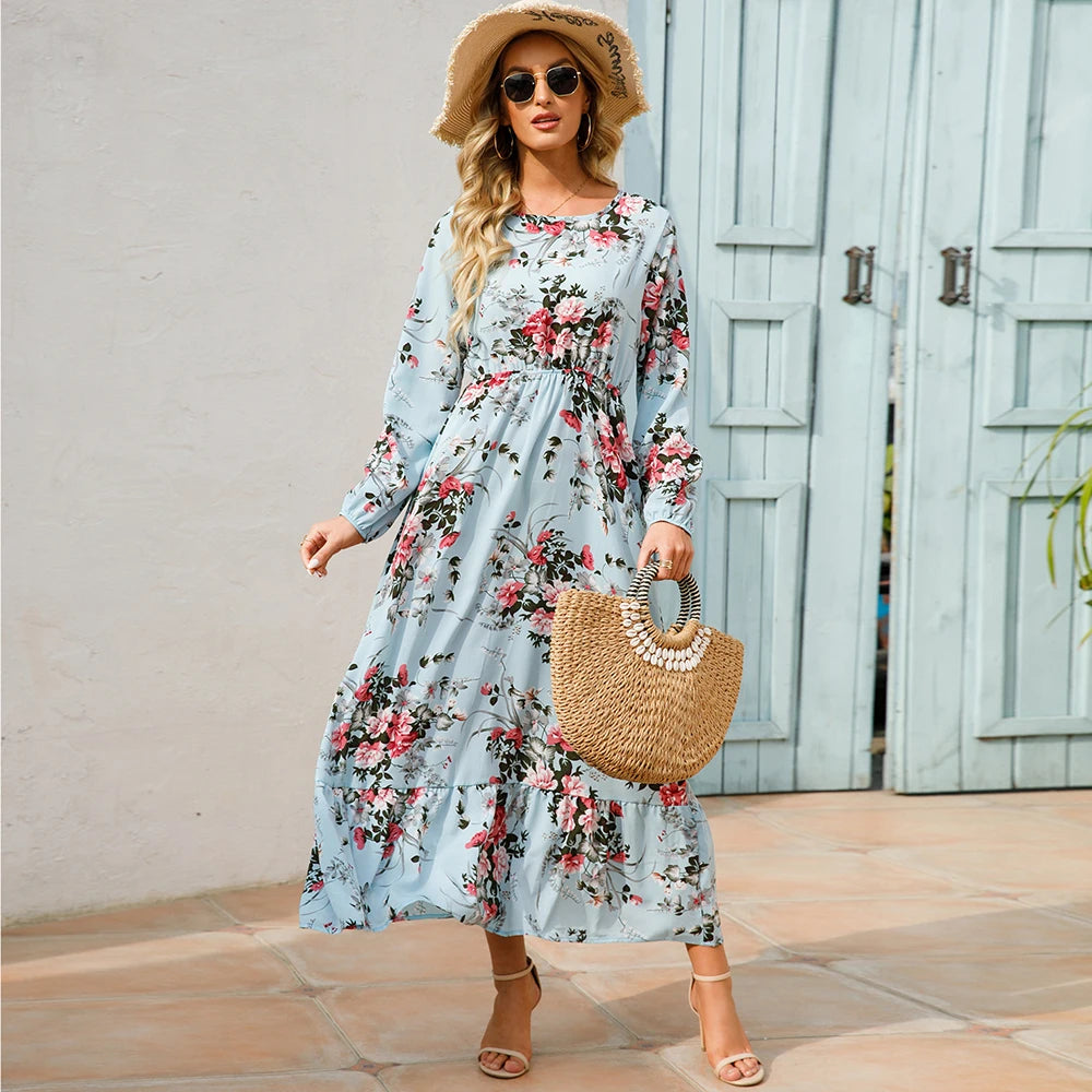 2023 Sping Summer Bohemian Women Maxi Dress Casual Long Sleeve High Waist Beach Woman Chiffon Dresses Floral Vestidoes Mujer New Beauty World Shop