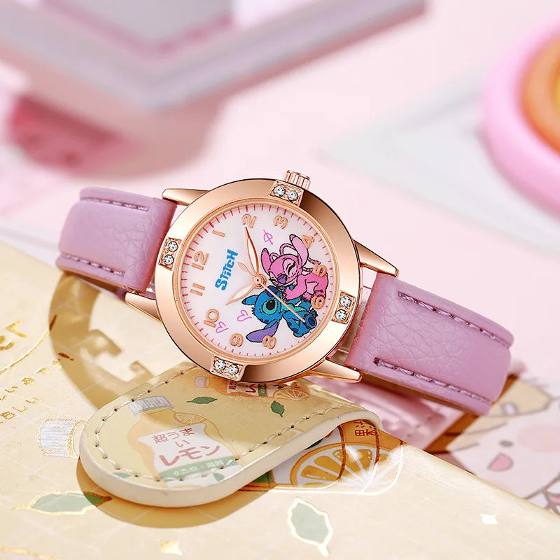 Fashion Cartoon Pattern Stitch Girls Watches Kids Leather Strap Children Watch with Rhinestone Dial reloj stich Exquisite Gift Beauty World Shop