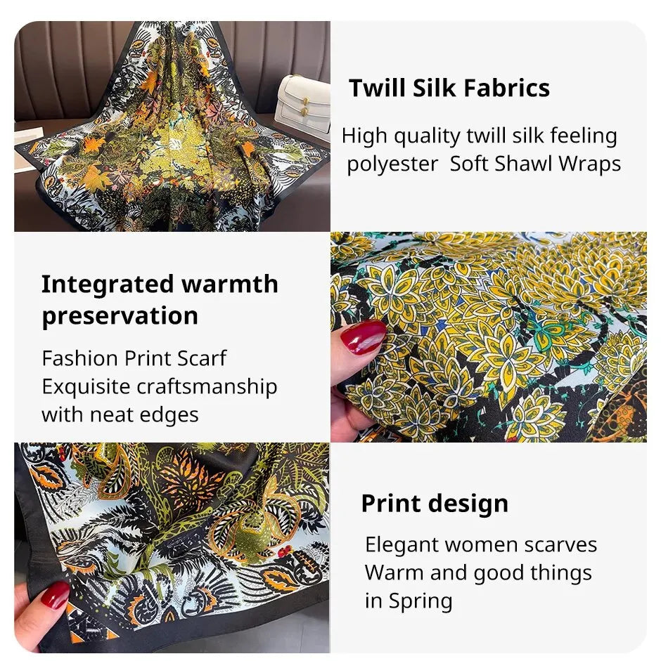 90cm Silk Twill Square Scarf For Women Spring Print Hair Band Hijab Foulard Sunsceen Neckerchief Shawl Wraps Echarpe New Beauty World Shop