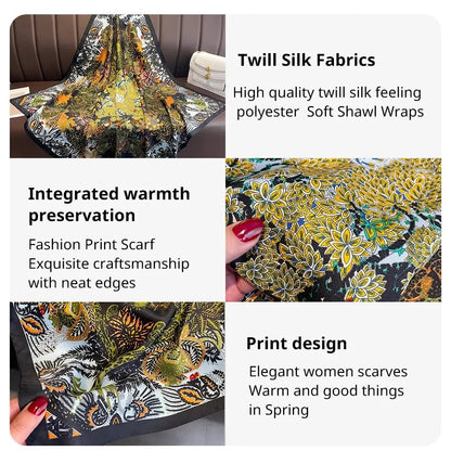 90cm Silk Twill Square Scarf For Women Spring Print Hair Band Hijab Foulard Sunsceen Neckerchief Shawl Wraps Echarpe New Beauty World Shop