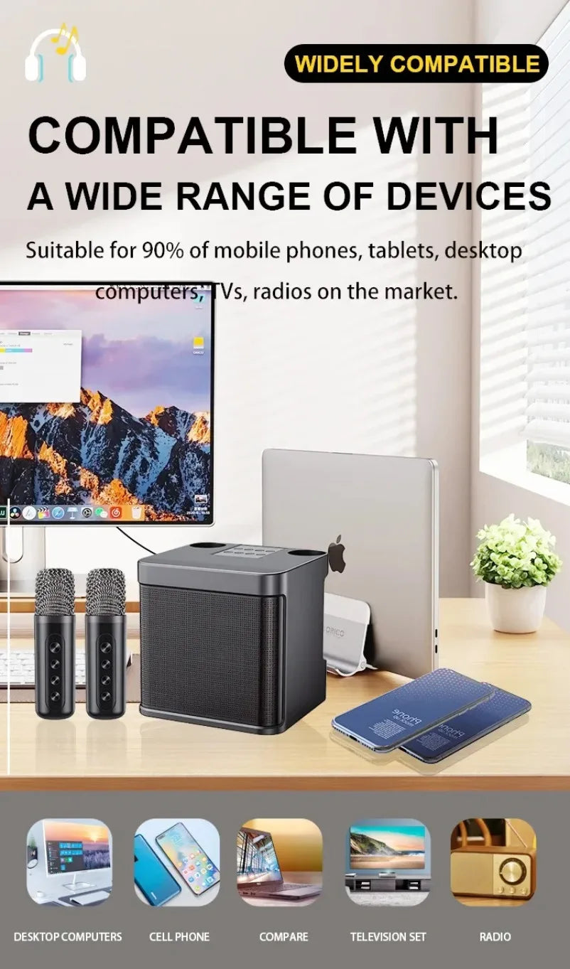 10W Powerful Wireless Portable Dual Microphone Bluetooth Sound Outdoor Family Party Karaoke Subwoofer Boom Box with 2 Microphone