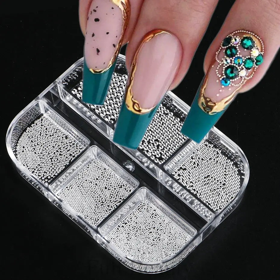 6 Grid Gold Mixed Size Stainless Steel Metal Bead Nail Art Decoration 3D Mini Small Caviar Ball Sliver Charm Pearl Manicure Beauty World Shop