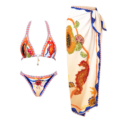 2026 New High Quality Elegant One Piece Swimsuit And Skirt Print Deep-V Lace-up Women Bikini Set Swimwear Party Bathing Suit Beauty World Shop