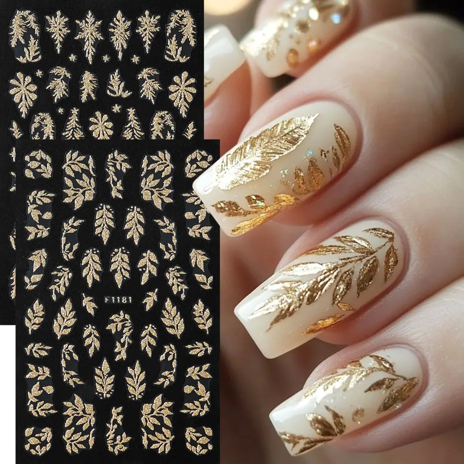 2PCS Golden Glitter Leaf Nail Art Stickers Shinny Christmas Trees Snowflake Sliders Japanese Winter Y2K Leaves Manicure Decor Beauty World Shop