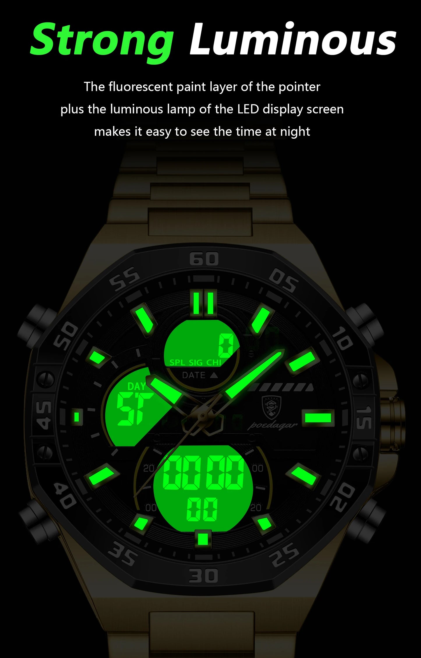 POEDAGAR Top Men Clock LED Luminous Waterproof Week Date Military Man Wristwatch Electronic Stainless Steel Quartz Men's Watches Beauty World Shop