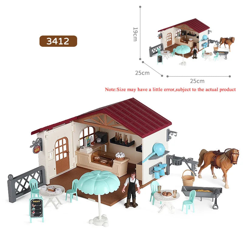Oenux Farm Stable House Model Action Figures Emulational Horseman Horse Animals Playset Figurine Cute Educational Kids Toy Gift Beauty World Shop