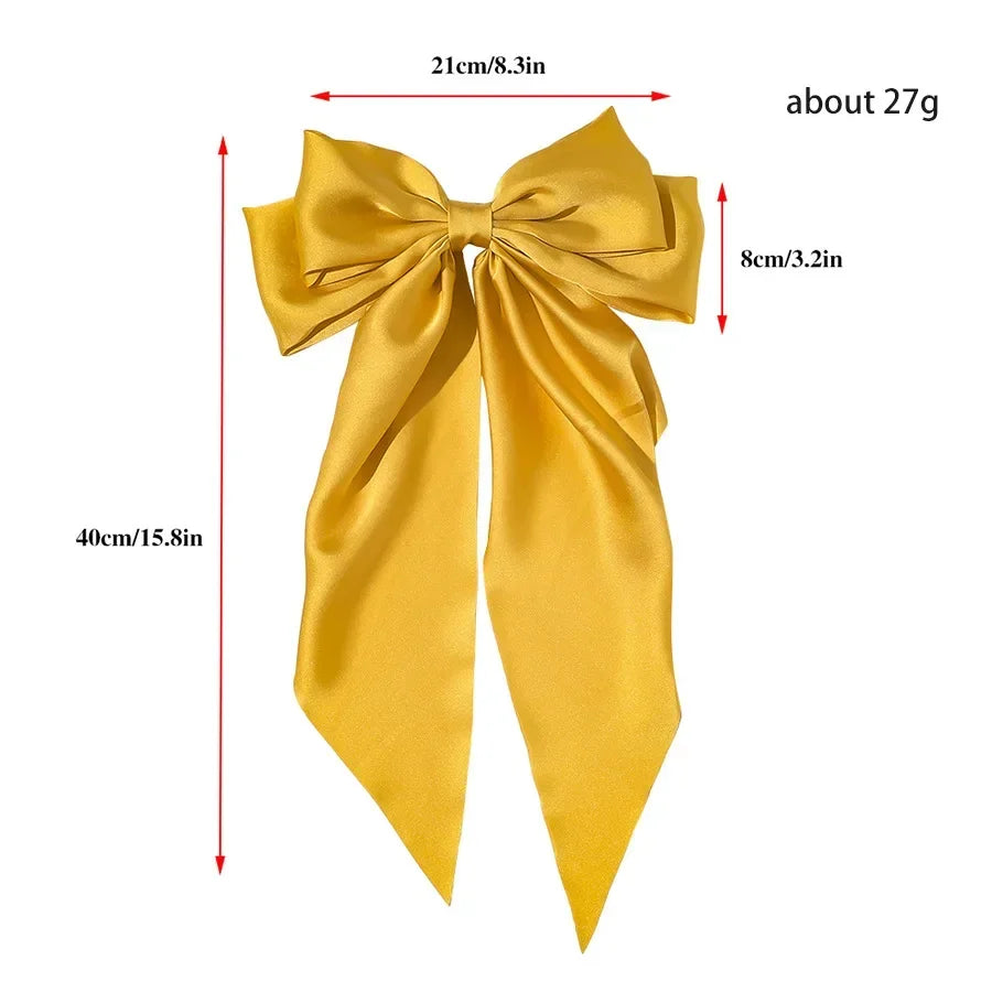 Korean Accessories Hair Clips for Women Girls Big Bowknot Solid Satin Long Ribbon Bows Spring Clamp Barette Cheveux Femme 2023 Beauty World Shop