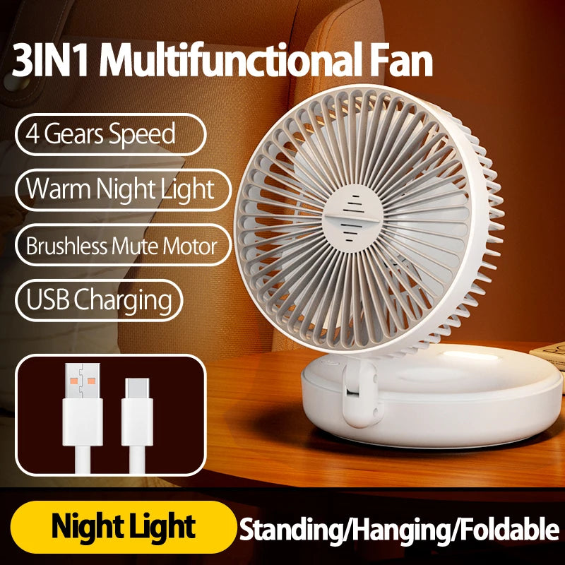 2024 New Rechargeable 3IN1 Multifunctional Portable Fan Wall Mounted Fan 90° Folding Fan 4 Gears With Warm Night Light Beauty World Shop