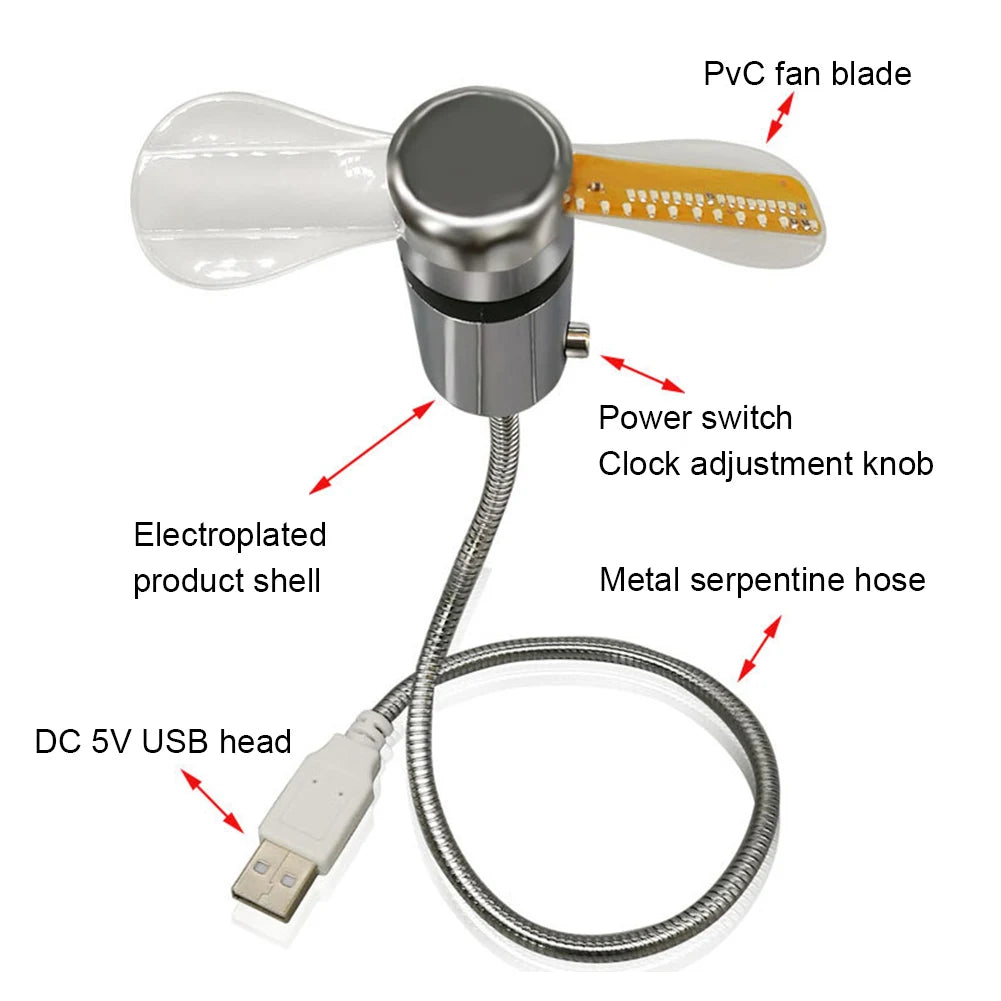 Portable Clock Fan RGB LED Night light 5V USB Hand Fan Real Time Temperature Display Metal Mini Fan for PC Laptop Desktop Cooler Beauty World Shop