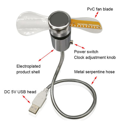 Portable Clock Fan RGB LED Night light 5V USB Hand Fan Real Time Temperature Display Metal Mini Fan for PC Laptop Desktop Cooler Beauty World Shop