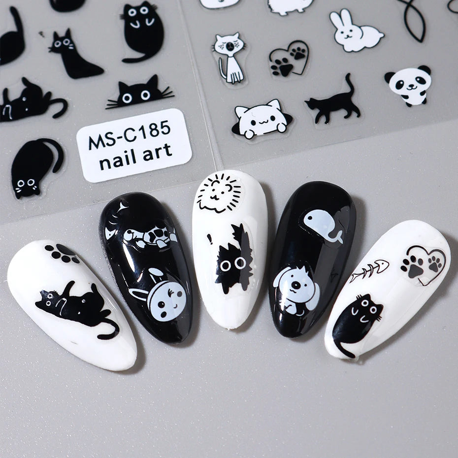 2pcs Black Cat Nail Stickers 3D Cute Cartoon Animal 3D Self-Adhesive Nail Art Decals Sliders Decorations Manicure Accessories Beauty World Shop