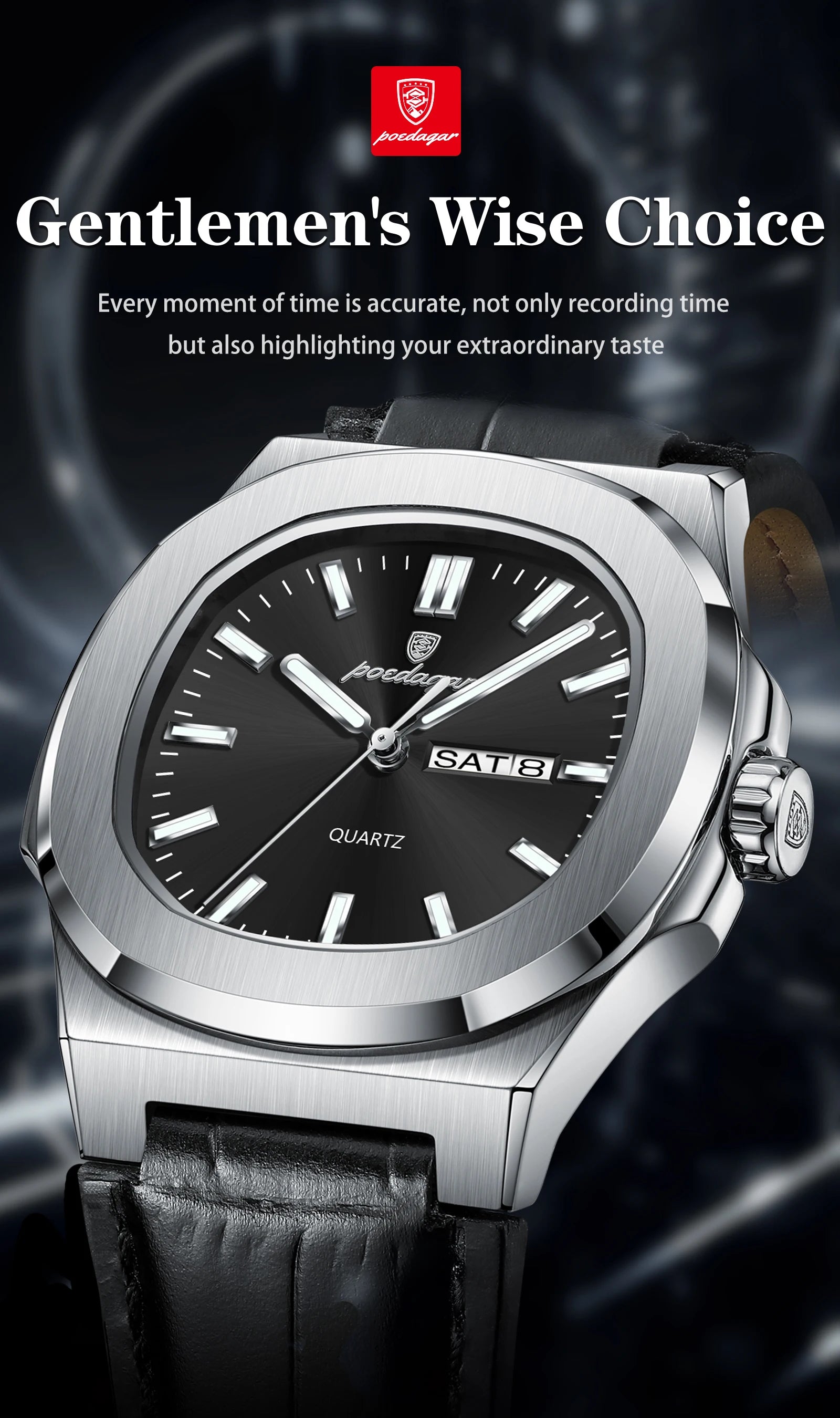 POEDAGAR Square Wristwatch For Men Luminous Waterproof Week Calendar Luxury Man Clock Leather Quartz Fashion Men's Watches Reloj Beauty World Shop