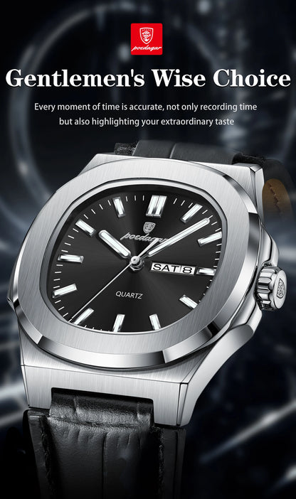 POEDAGAR Square Wristwatch For Men Luminous Waterproof Week Calendar Luxury Man Clock Leather Quartz Fashion Men's Watches Reloj Beauty World Shop