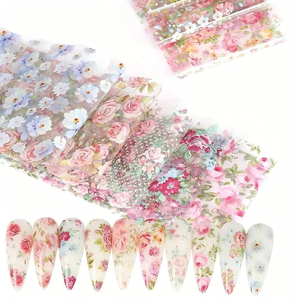 10PCS Mixed Nail Art Foils Transfer Sticker Set Rose Flower Designs Floral Starry Sky Nail Wraps Wedding Summer Manicure Decor Beauty World Shop
