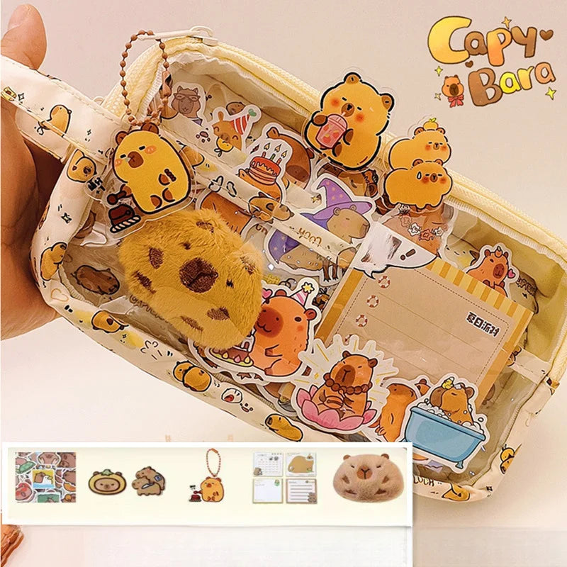 Cute Capybara Pencil Case with Lock - Aesthetic Kawaii Canvas Pouch, Clear School Supplies Organizer with Compartments, Includes Beauty World Shop