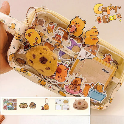 Cute Capybara Pencil Case with Lock - Aesthetic Kawaii Canvas Pouch, Clear School Supplies Organizer with Compartments, Includes Beauty World Shop