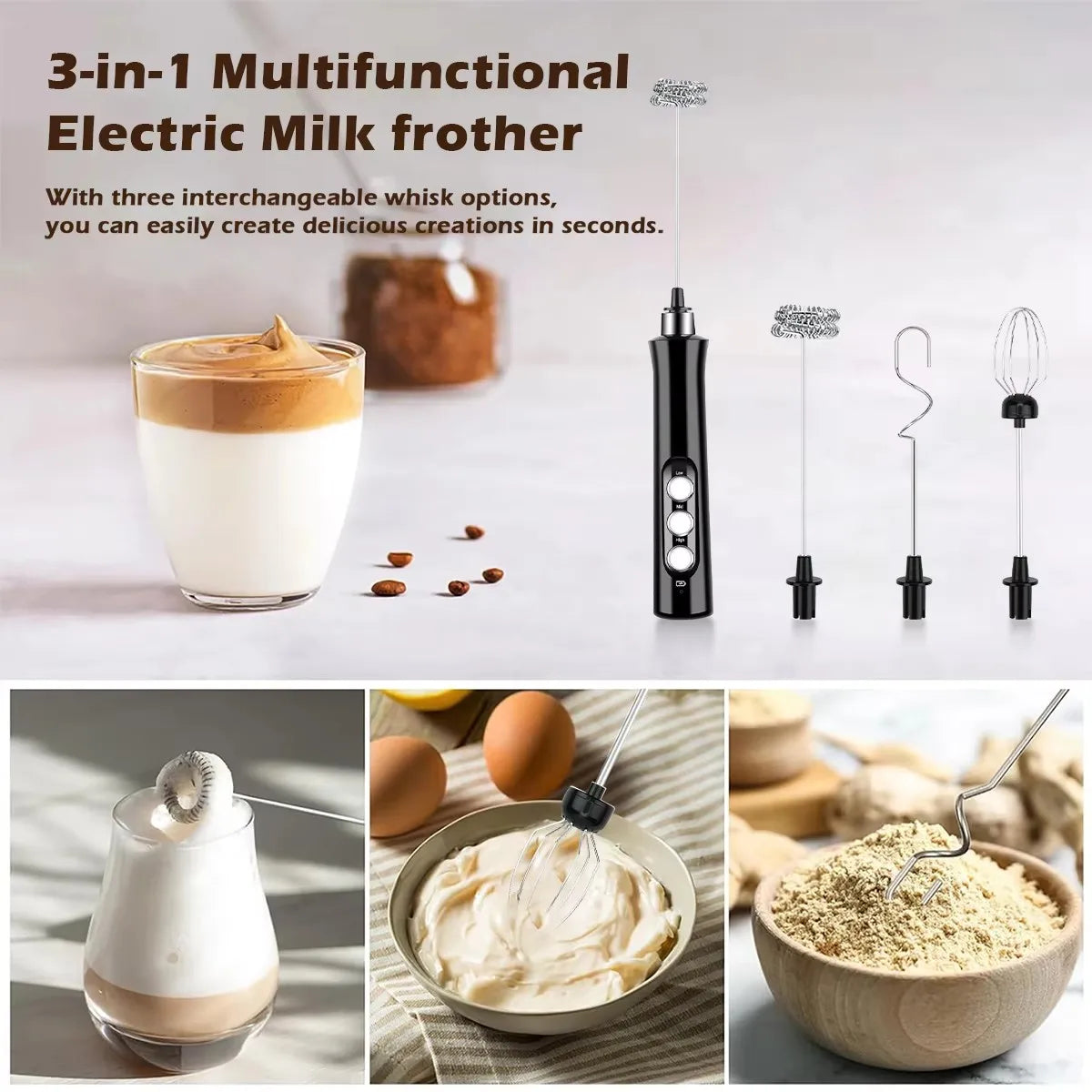 Wireless Rechargeable Electric Milk Frother - 3 Speeds, Handheld Foam Maker for Latte, Cappuccino, Hot Chocolate - USB Rechargea Beauty World Shop