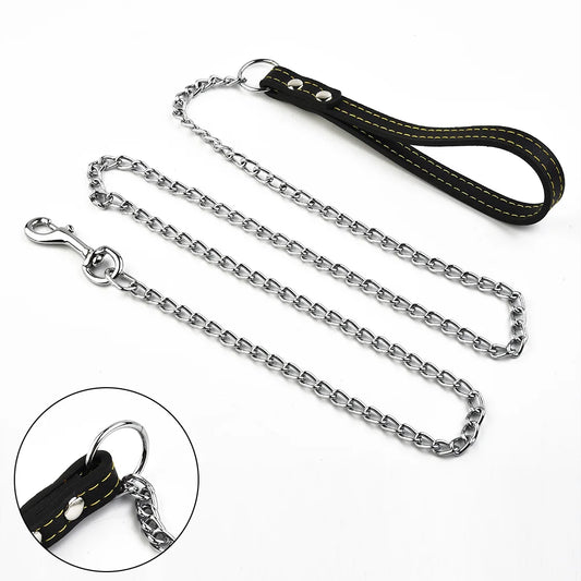 Metal Chain Dog Lead with Leather Style Handle Strong Control Leash Iron Dog Pets Supplies Collars Harnesses Chain Traction Rope Beauty World Shop