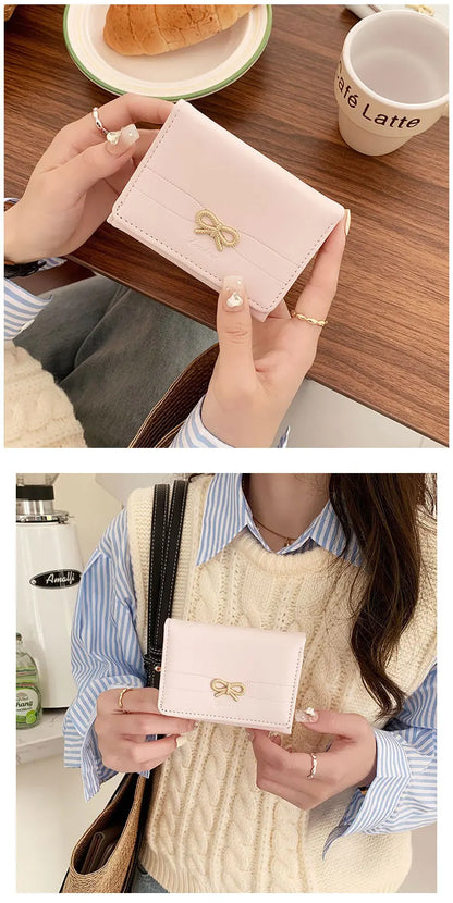 Fashion Wallets Girls Cute Bow Small Wallet Aesthetic Card Holder Classic Three Fold Purse For Women Student Simple Coin Pouch Beauty World Shop
