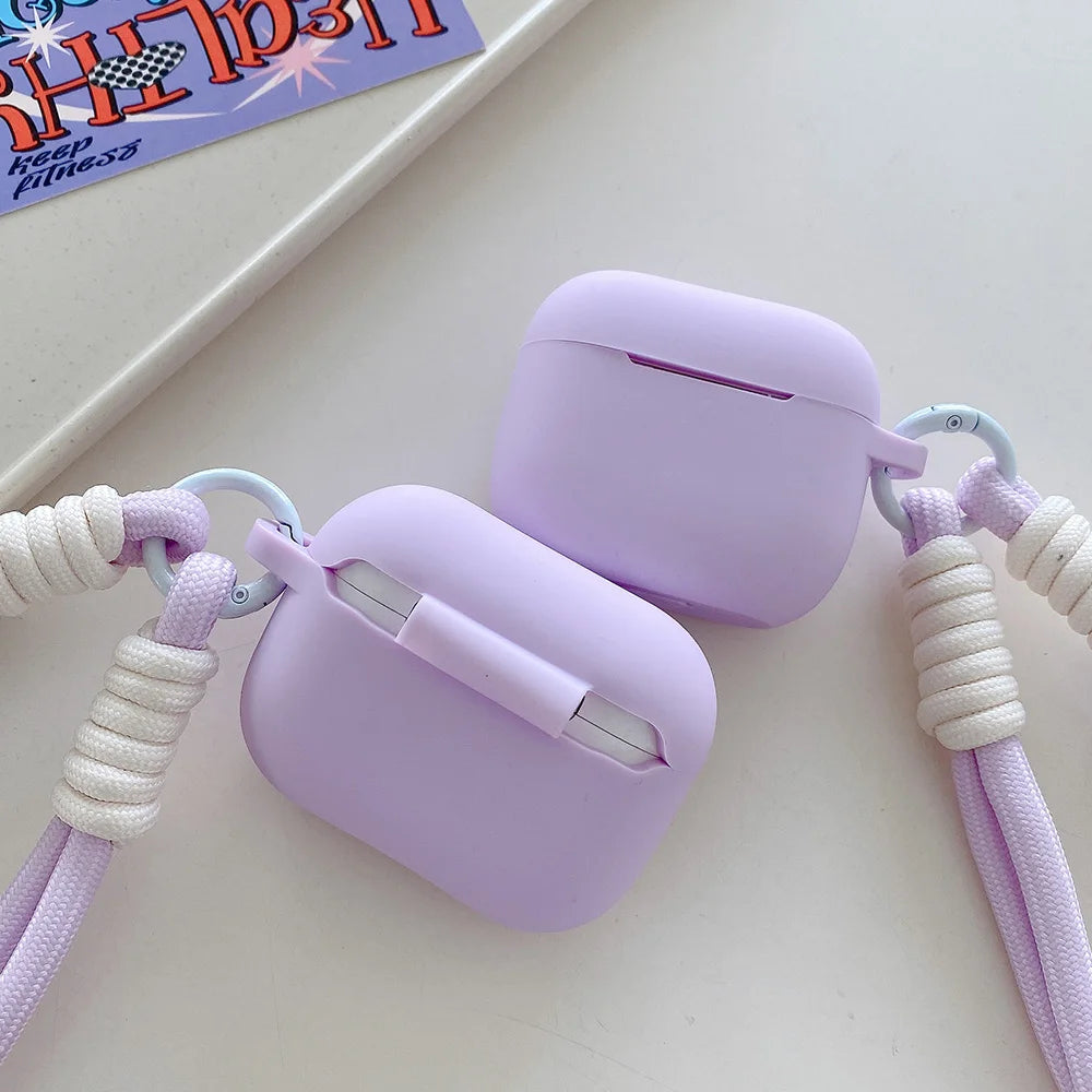 Lavender Purple Matte Silicone Joined Earphone Case for AirPods Pro 2 with Anti Loss Rope for AirPods 1 2 3 4 Soft Funda Cover
