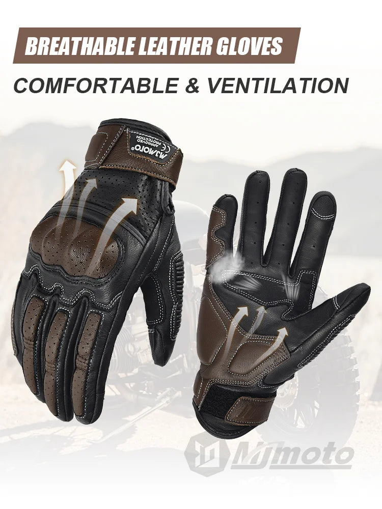 With CE Approved Summer Retro Perforated Leather Motorcycle Gloves Men Women Full Finger Motocross Dirt Biker Glove Guantes Moto Beauty World Shop