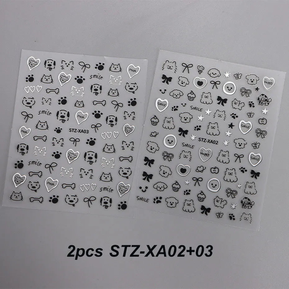 2pcs 3D Cute Silver Smile Dog Decals Y2K Cartoon Cat Footprint Nail Stickers Graffiti Star Heart Bowknot Manicure Slider Decor Beauty World Shop