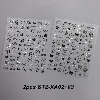 2pcs 3D Cute Silver Smile Dog Decals Y2K Cartoon Cat Footprint Nail Stickers Graffiti Star Heart Bowknot Manicure Slider Decor Beauty World Shop