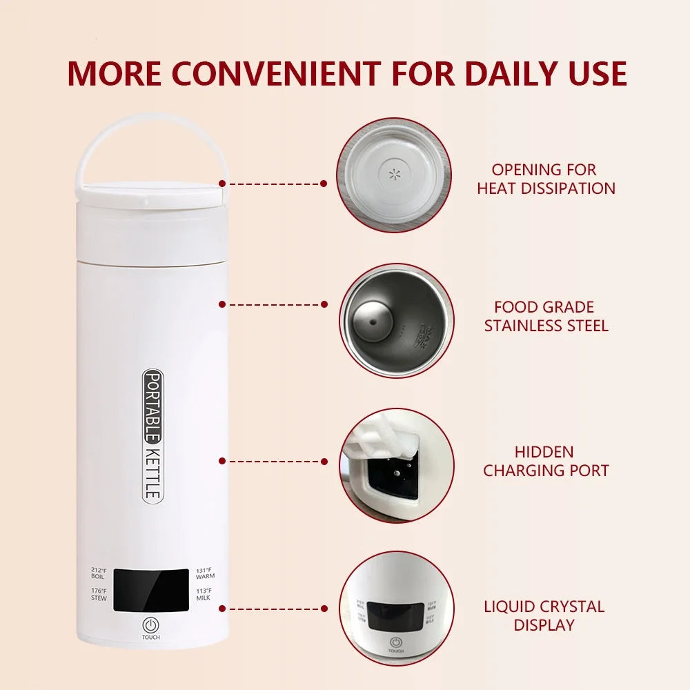 JFBONIN Electric Kettles Portable Tea Coffee Kettle Travel Boil Water Thermal Cup Anti-Scald Water Bottle English Menu Beauty World Shop