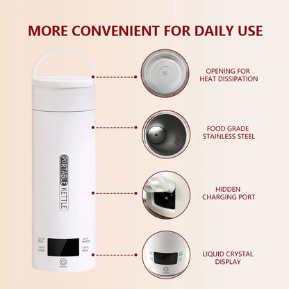 JFBONIN Electric Kettles Portable Tea Coffee Kettle Travel Boil Water Thermal Cup Anti-Scald Water Bottle English Menu Beauty World Shop