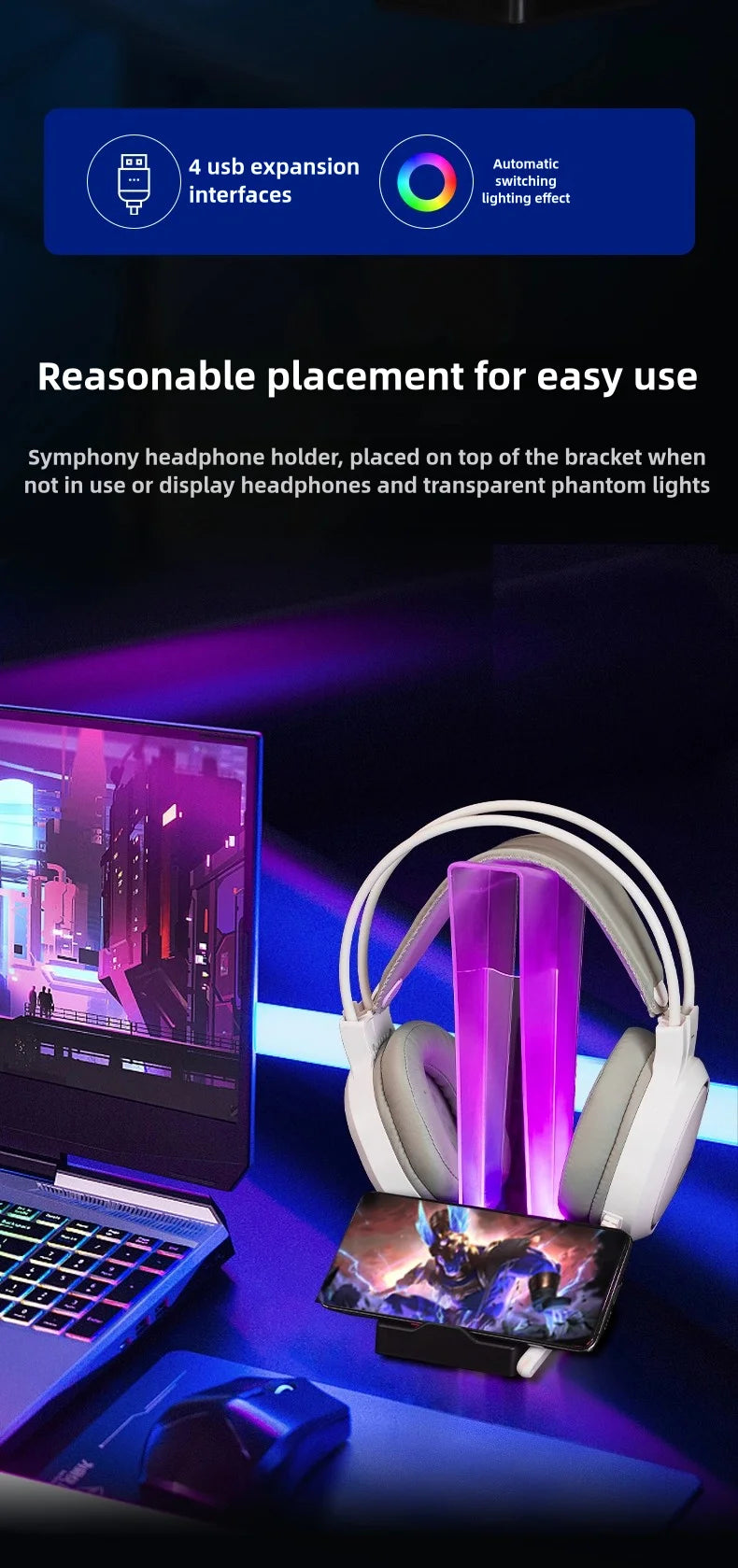 ITLY A12 RGB-Illuminated Transparent Gaming Headset Stand with LED Display, Phone Holder & Organizer Headphone Stand