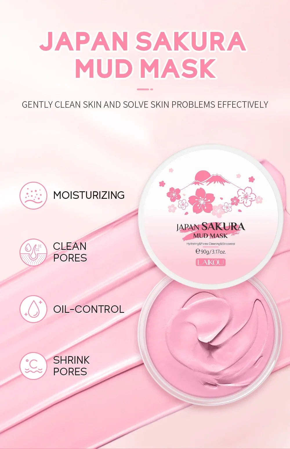 Laikou Sakura Mud Mask Deep Cleansing Oil Control Balance Antioxidan Shrink Pores Remove Blackheads Refreshing Facial Mask90/25g Beauty World Shop