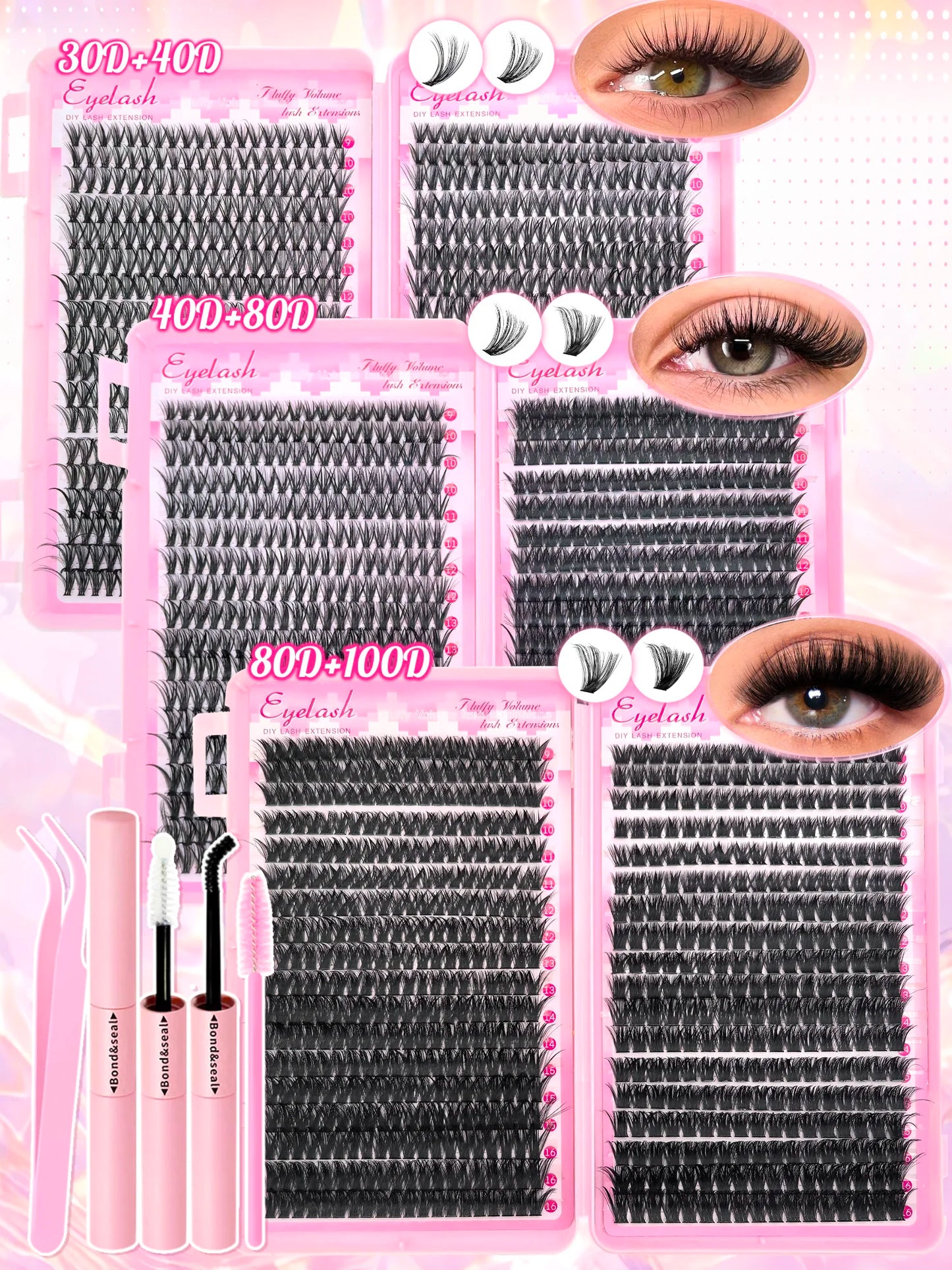 DIY Lash Extension Kit Clusters Individual Eyelashes Kit 9-16mm with Bond and Seal Wispy Natural Mange Lashes Beauty World Shop