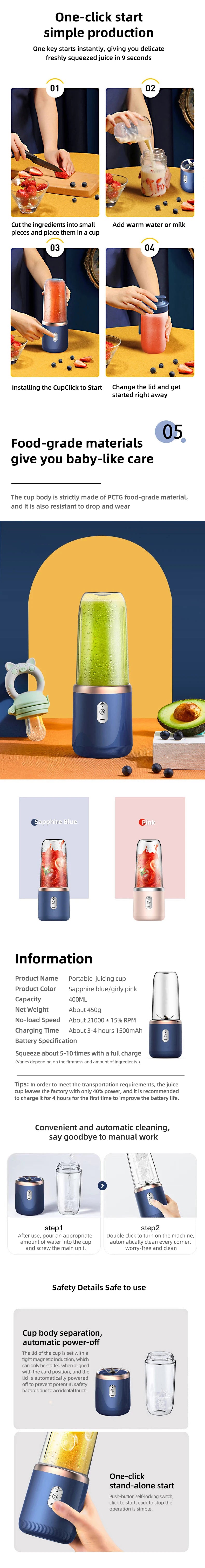 Portable Juicer Blender 400ml Electric Fruit Juicer USB Charging Lemon Orange Fruit Juicing Cup Smoothie Blender Machine 2cups Beauty World Shop