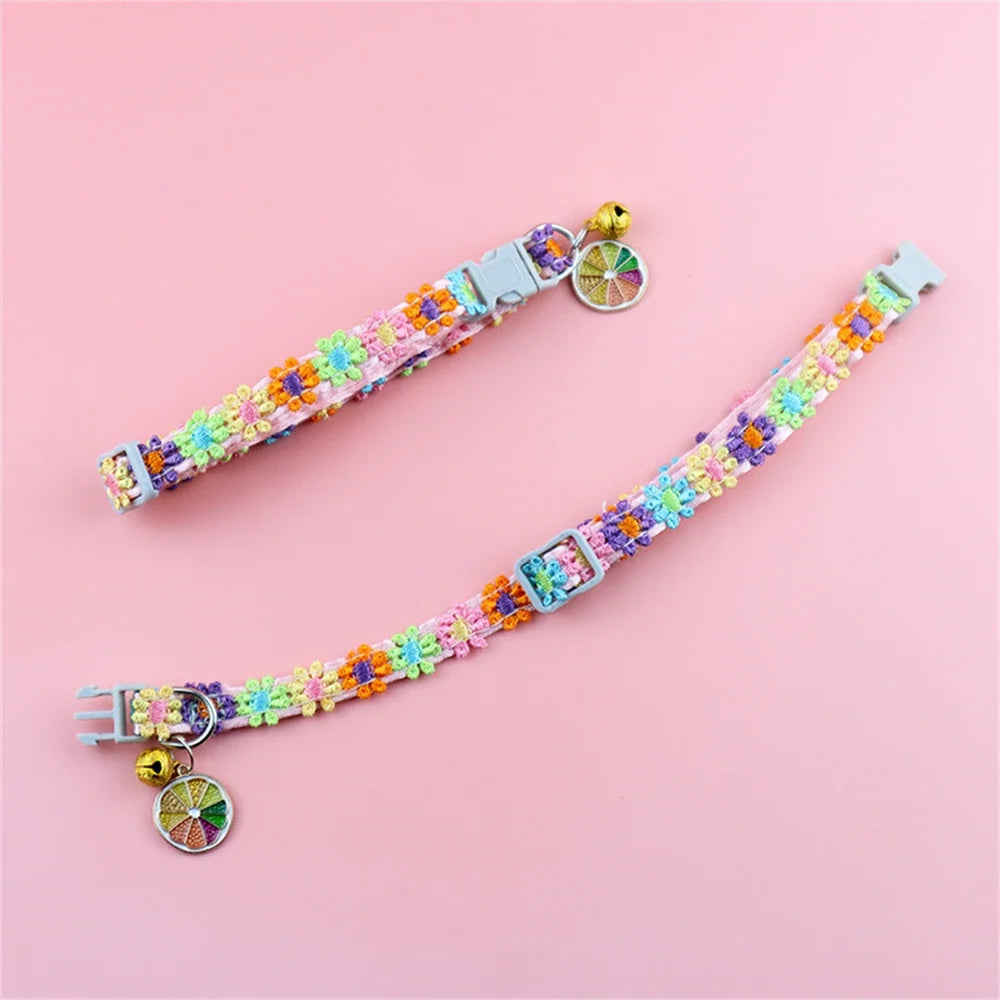 Fashion Rainbow Flower Cat Collar With Bell Kitten Puppy Necklace Adjustable Buckle Colorful Lace Kitten Collar Dog Accessories Beauty World Shop