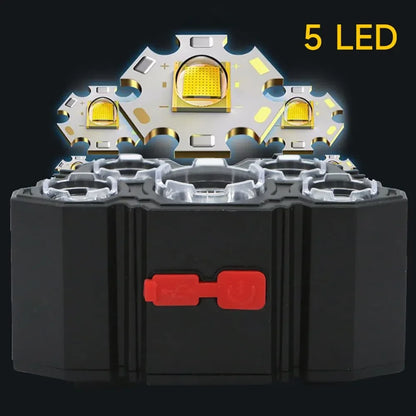 5 LED Flashlight Rechargeable with Built in Lithium Battery Strong Head Light Camping Adventure Fishing Cycling Headlamp Beauty Fashion
