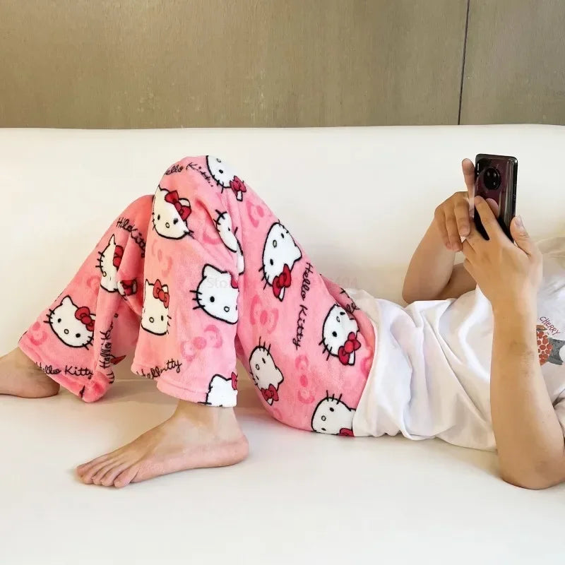 2024 Sanrio Hello Kitty Pajamas Halloween Flannel Fashion Trouserswomen Kawaii Woolen Anime Cartoon Casual Home Pants Autumn Beauty Fashion
