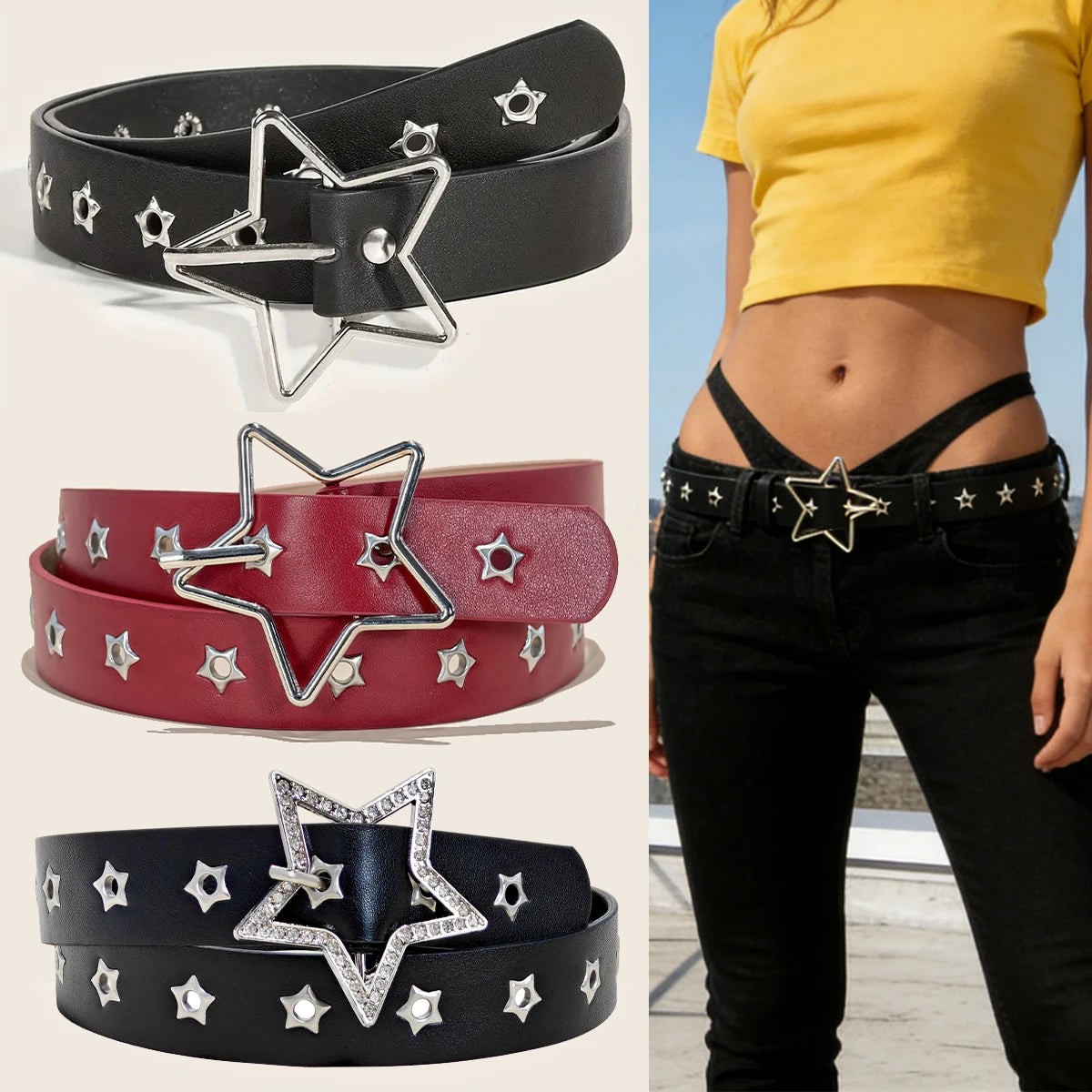 Fashion Punk style star buckle decorative belt with multiple holes small star shaped eyes multifunctional Jeans belt For Women Beauty World Shop