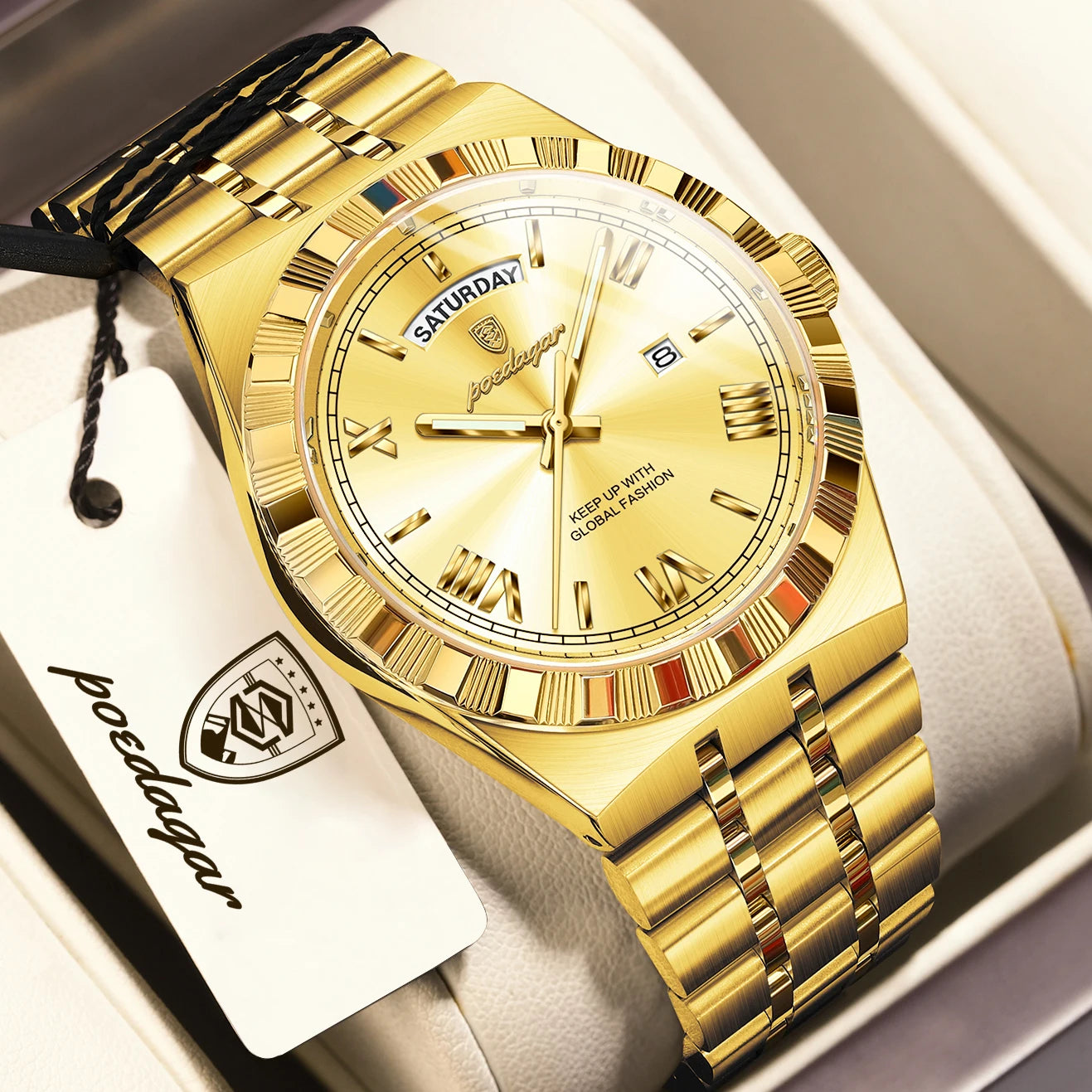 POEDAGAR Fashion Business Men's Watch Luminous Waterproof Week Date Luxury Man Wristwatch Stainless Steel Quartz Watches For Men Beauty World Shop