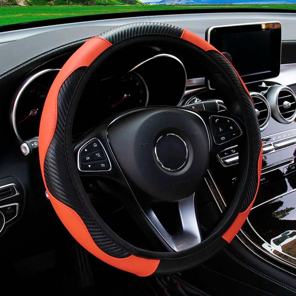 PU Carbon Fiber Leather Car Steering Wheel Cover without Inner Ring Suitable for 14.5-15 Inches of Automotive Supplies Beauty World Shop