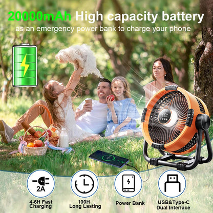 Camping Fan 20000mAh Rechargeable Portable Outdoor Camping Fan Air Circulators Wireless Tent Ceiling Fans with Hook and Light Beauty World Shop