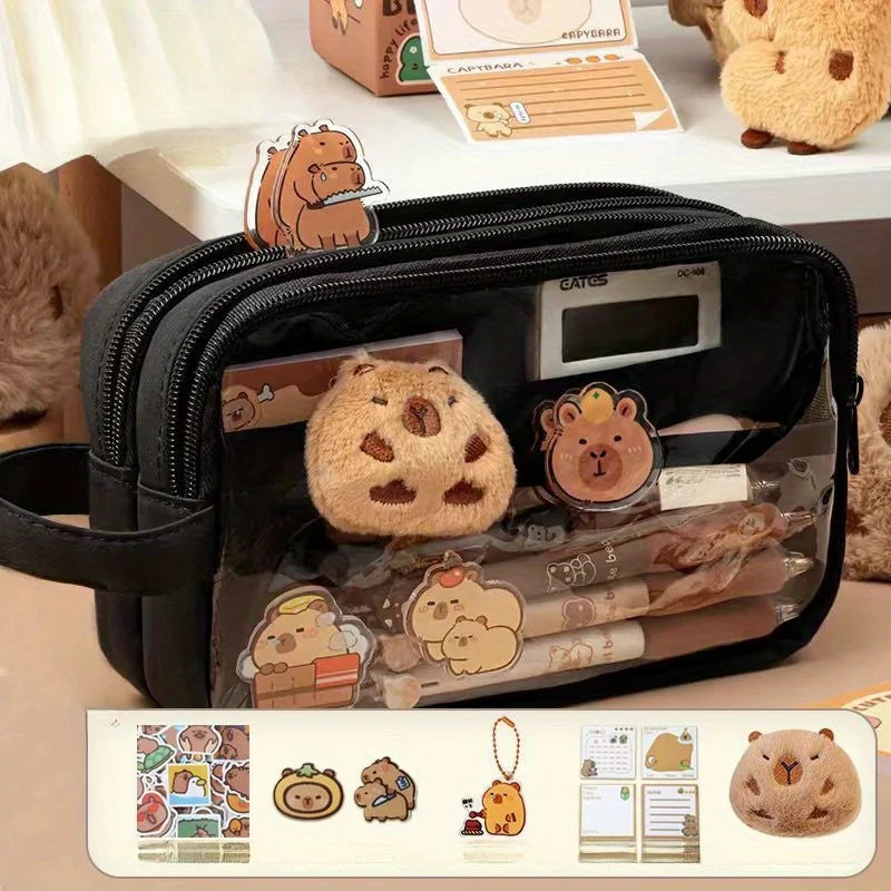 Cute Capybara Pencil Case with Lock - Aesthetic Kawaii Canvas Pouch, Clear School Supplies Organizer with Compartments, Includes Beauty World Shop