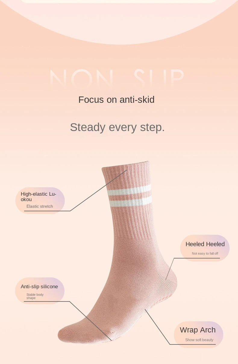 1 pair of women's yoga socks, skipping rope sports socks, Pilates indoor anti slip floor socks, double bar mid leg socks Beauty World Shop