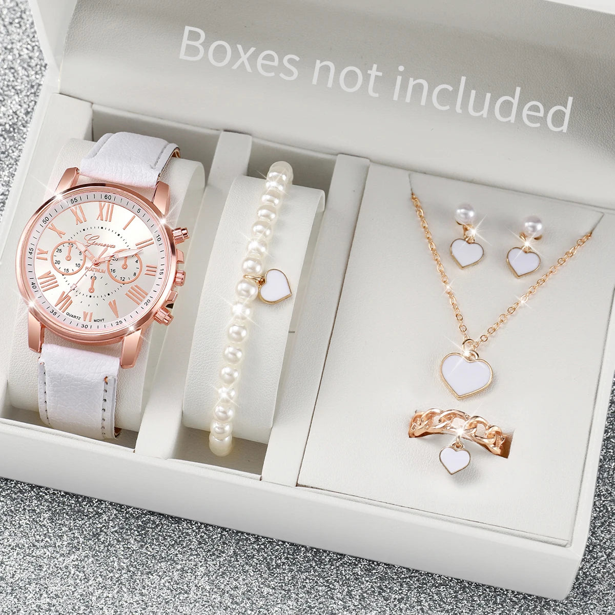 5/6PCS Fashion Women's Quartz Watch Leather Band Analog Wrist Watches Heart Rhinestone Jewelry Set(Without Box) Beauty World Shop