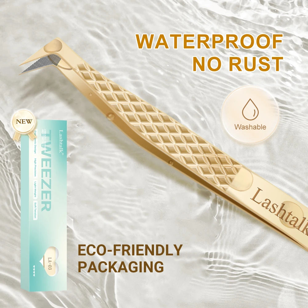 Lashtalk Precision Fiber Tip Tweezer Eyelash Extensions Diamond Grip Anti-Slip Premium Gold Stainless Steel Makeup With Box Pack Beauty World Shop