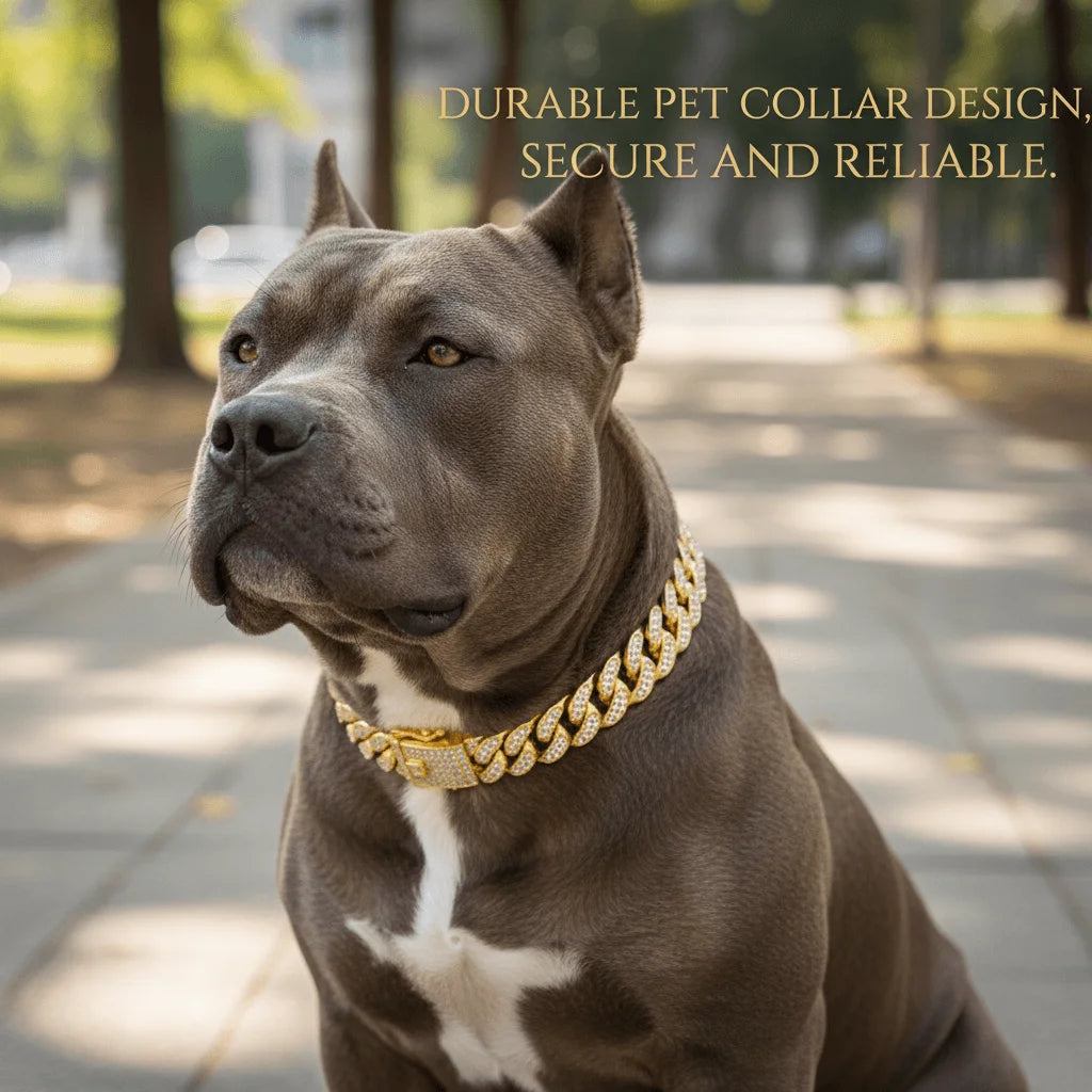 Luxury Hip Hop Dog Collar, Gold Tone Stainless Steel Cuban Chain, Durable Diamond Inlaid Pet Jewelry for Daily Walking Beauty World Shop