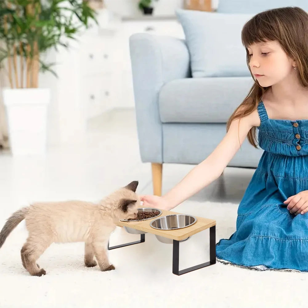 Elevated Cat Bowls 15° Tilted Raised Cat Food Bowls with Wooden Stand Anti Vomiting 2 Stainless Steel Bowls for Cats and Puppy Beauty World Shop