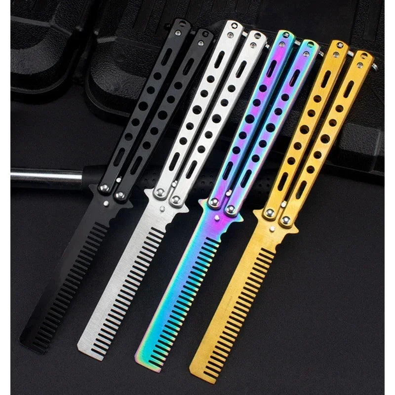 Foldable Comb Stainless Steel Practice Training Butterfly Knife Comb Beard Moustache Brushe Salon Hairdressing Hair Styling Tool Beauty World Shop