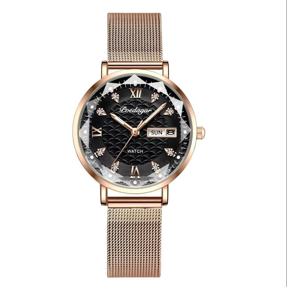 POEDAGAR Top Elegant Women's Watches Stainless Steel Date Week Woman Watch Waterproof Luminous Fashion Ladies Watch Quartz Reloj Beauty World Shop